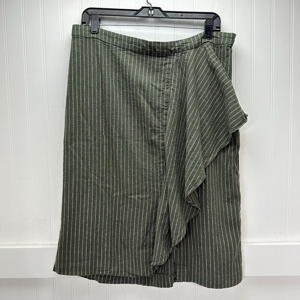 Green Ruffle Pencil Skirt J Jill Womens Large Petite Stripe Linen Blend Side Zip